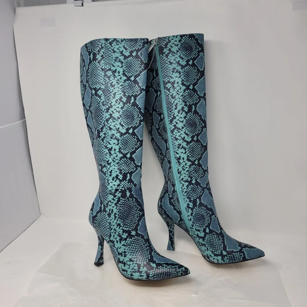 Gianni Bini Punk Lennoxe Teal Waters Snake Print Leather Tall Boots Calf 8M NEW - Picture 8 of 16